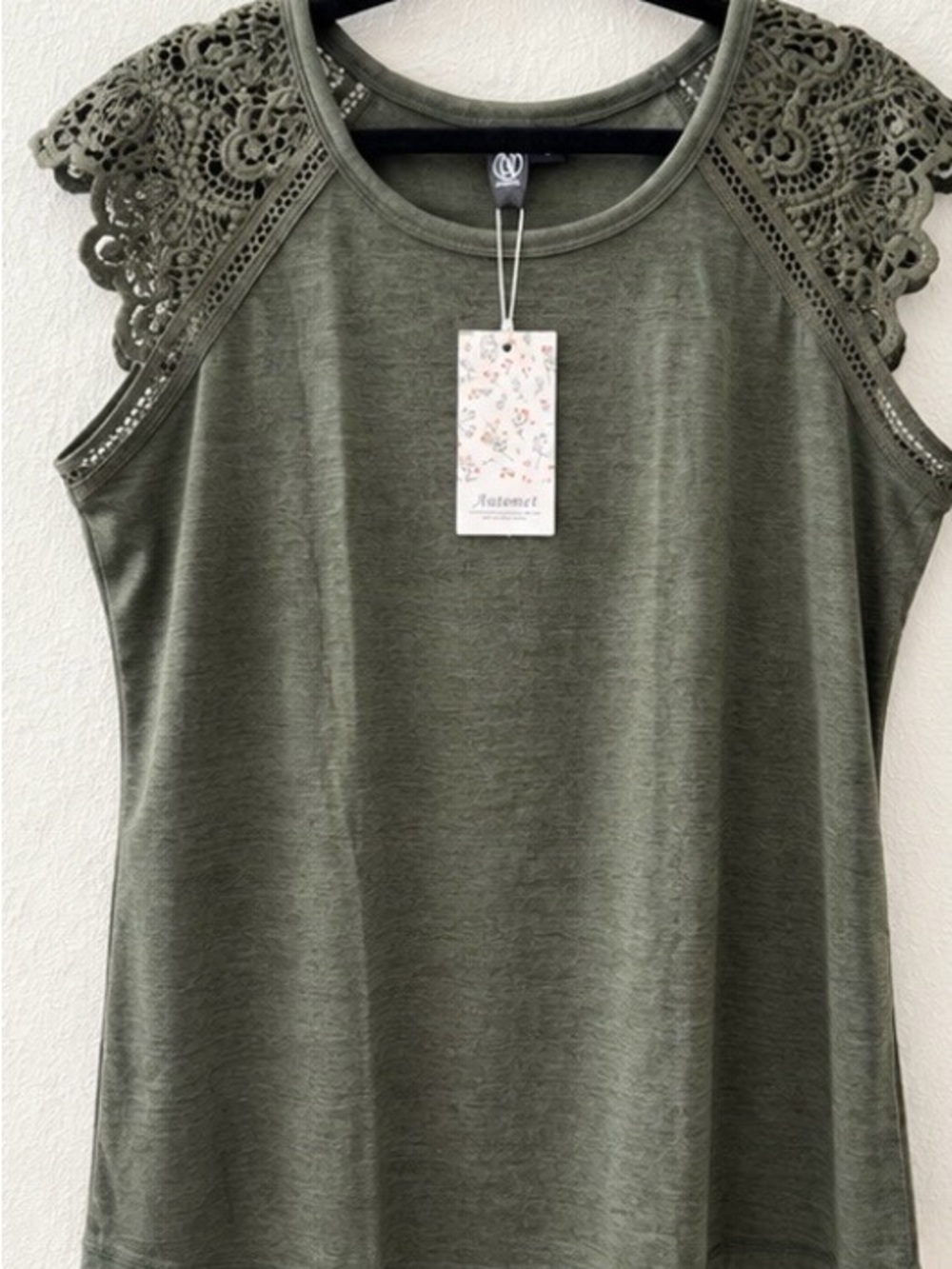 Olive Green Crochet Lace Shoulder Top Size L NWT